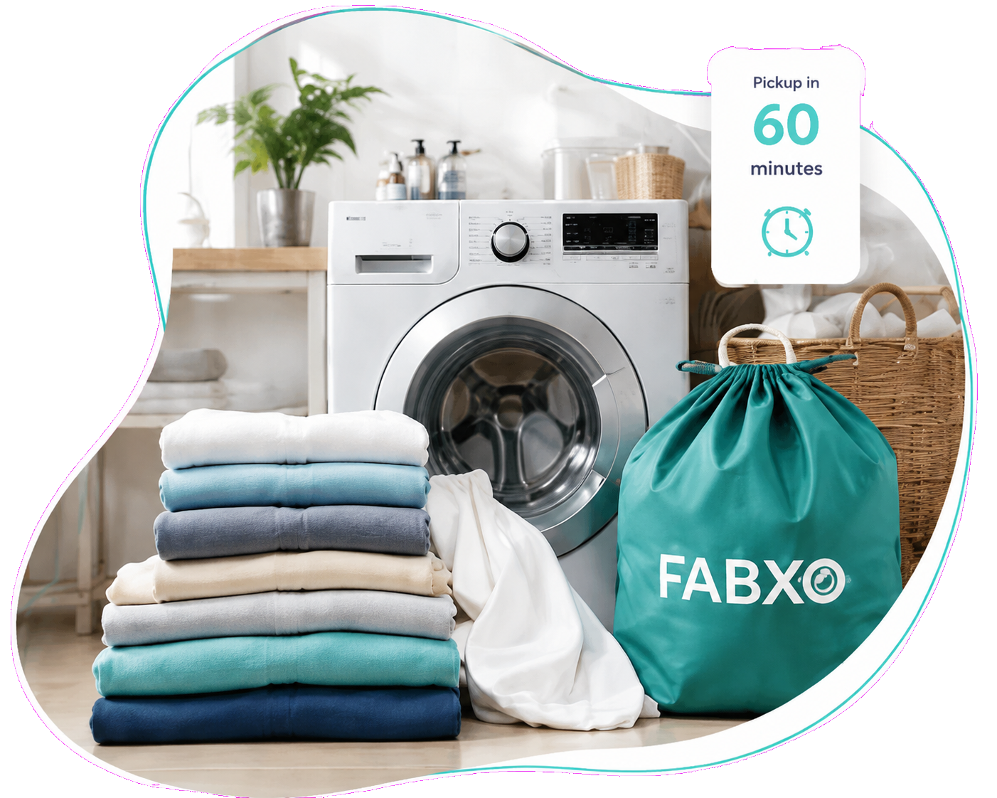 Laundry room with a washing machine, a stack of neatly folded towels and a teal FABXO pickup bag — pickup in 60 minutes