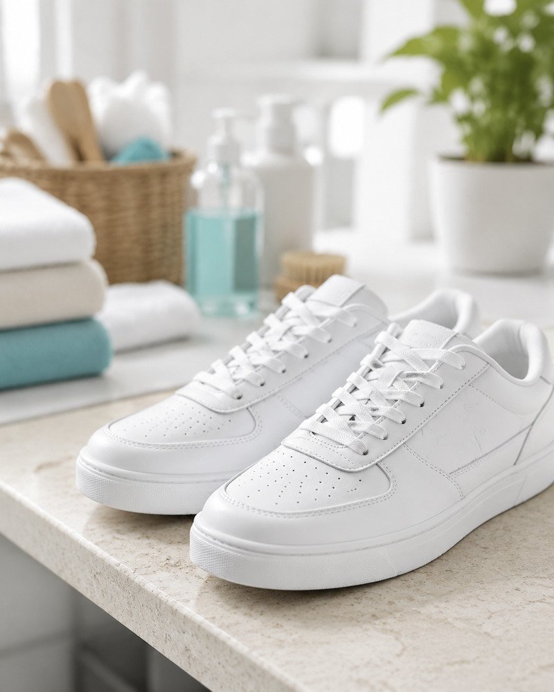Pair of freshly cleaned white sneakers