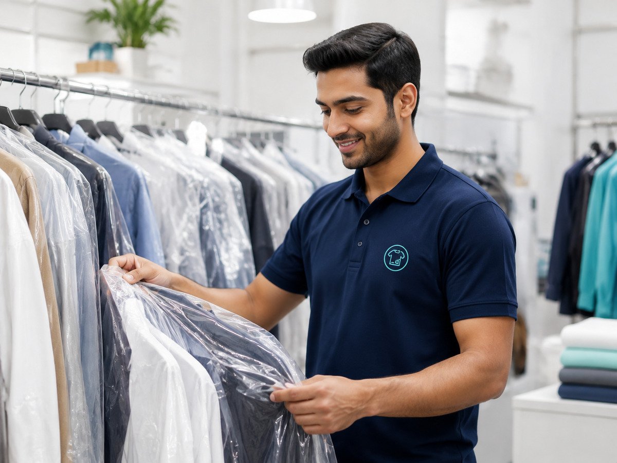 FABXO team member in a navy branded polo inspecting freshly dry-cleaned garments in protective covers